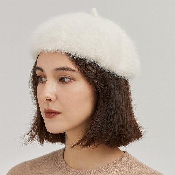 Ivory White Beret Hat French Style Soft Warm Faux Fur NWT - Picture 3 of 3